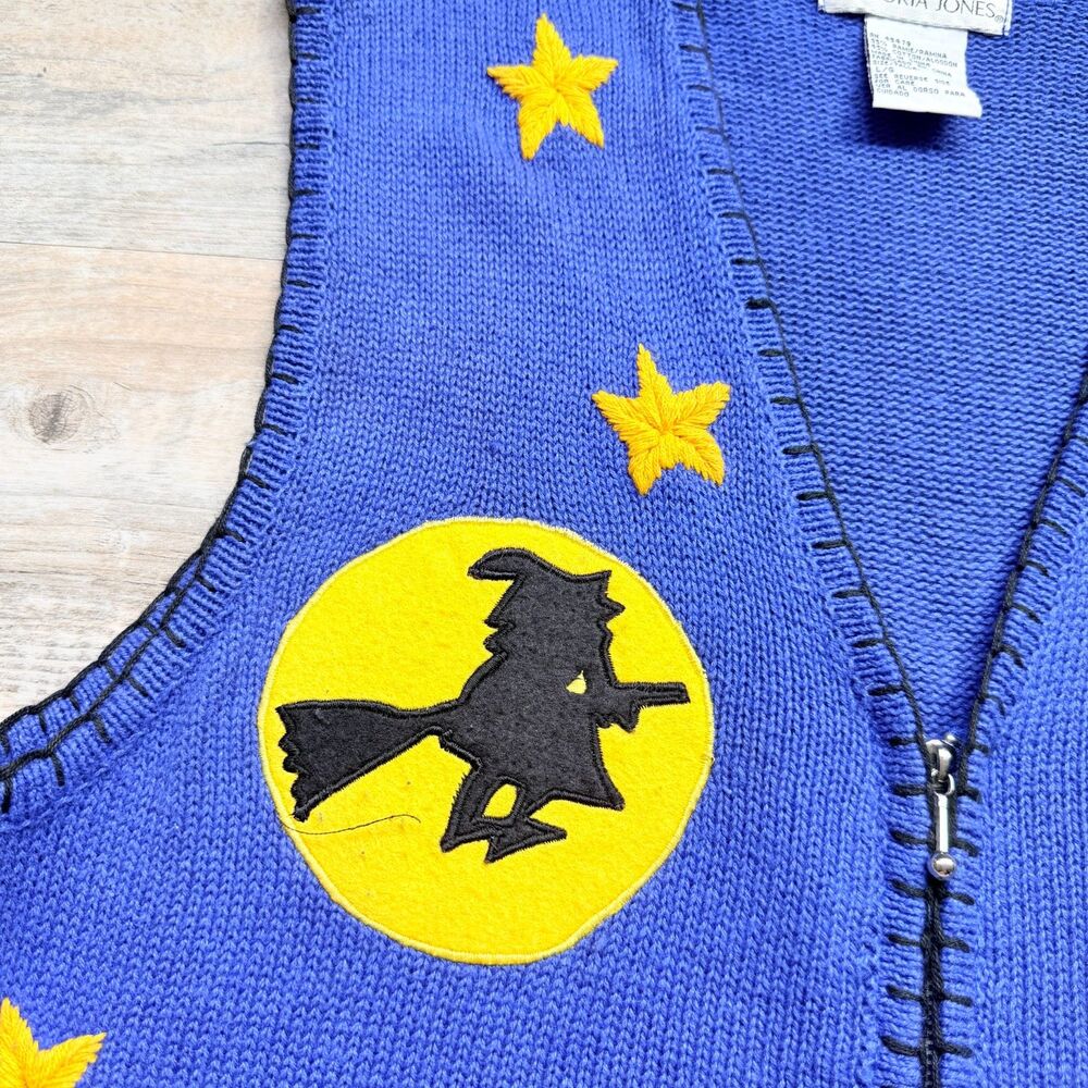 Vintage Victoria Jones Halloween Sweater Vest Large Witch Haunted House Bat 90s - Picture 9 of 10